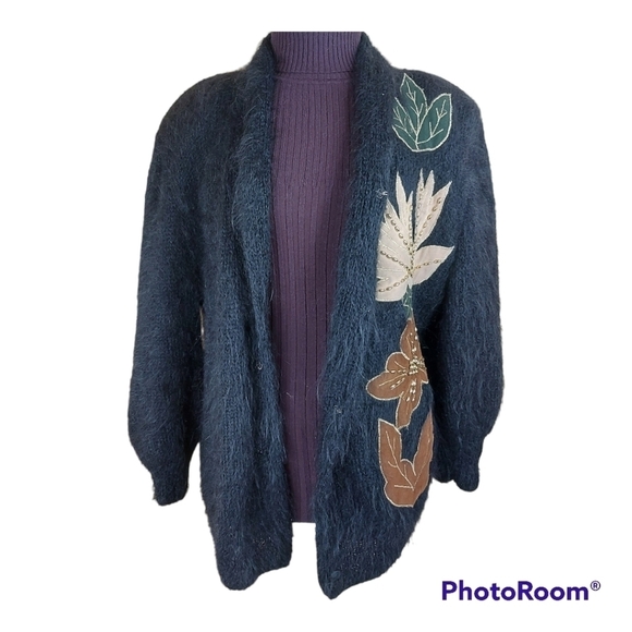 FUZZY Mohair blend cardigan coat flowers embroidery - Picture 3 of 15